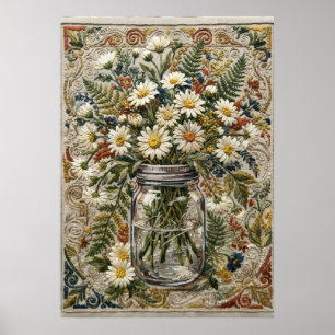 Daisy and Wildflower Bouquet in Mason Jar Embroide Poster