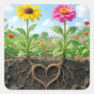 Daisy and Zinnia Root Heart in Garden Dirt Square Sticker