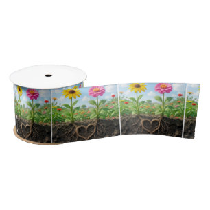 Daisy and Zinnia Root Heart in Garden Satin Ribbon