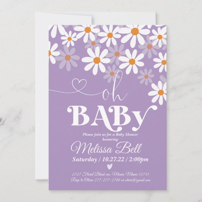 Daisy Baby shower Invitation Purpl Boho Retro Dais (Front)
