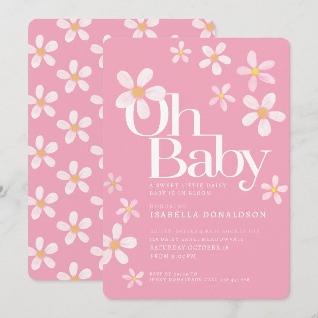 Daisy baby shower oh baby pink yellow white invitation (Front/Back)