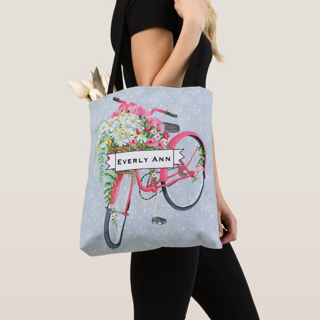 Daisy Basket Retro Pink Bicycle Pattern Tote Bag (Close Up)