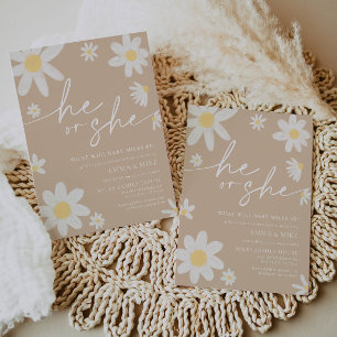 Daisy Beige He or She Gender Reveal  Invitation