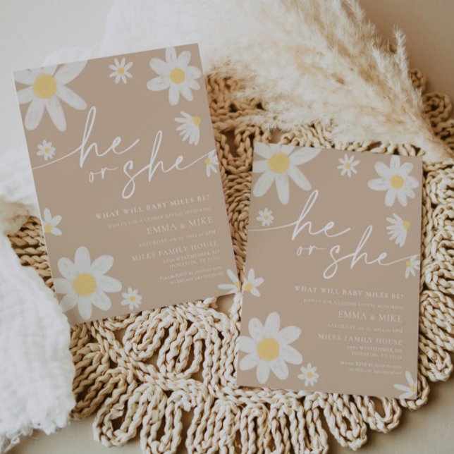 Daisy Beige He or She Gender Reveal  Invitation (Creator Uploaded)