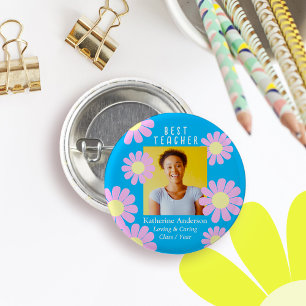 Daisy Best Teacher Photo Bright  Blue Button