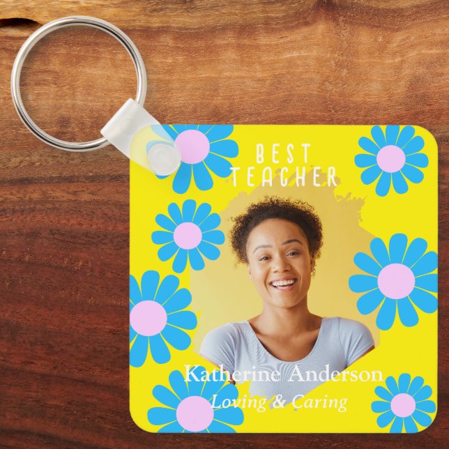 Daisy Best Teacher Photo Bright Yellow Key Ring (Front)