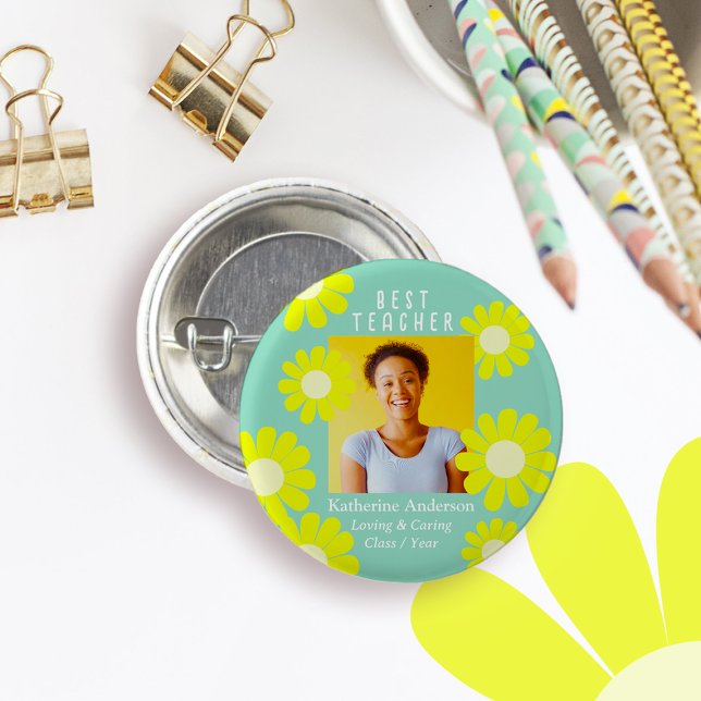 Daisy Best Teacher Photo Light Teal 3 Cm Round Badge (Daisy Best Teacher Teal Button.)