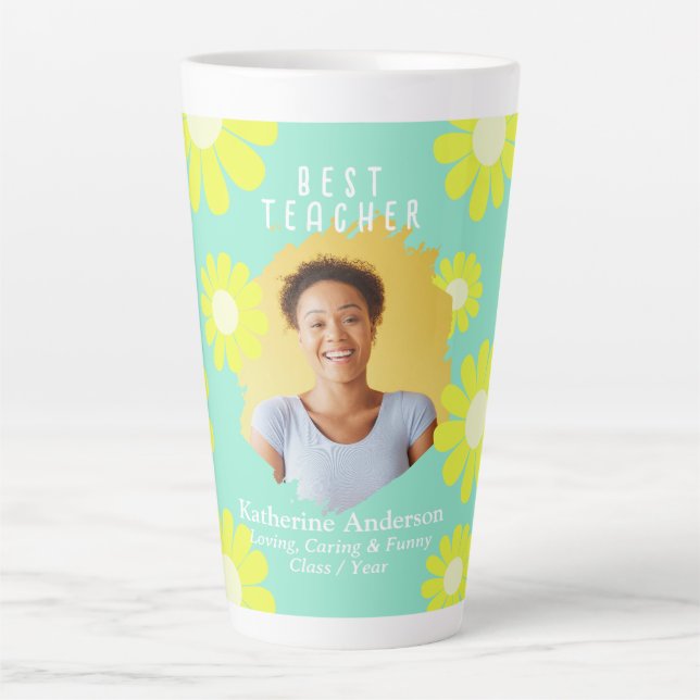Daisy Best Teacher Photo Teal Button Latte Mug (Front)