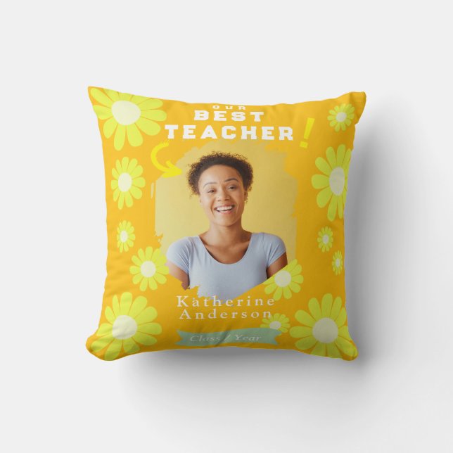 Daisy Best Teacher Photo Yellow Orange Cushion (Front)