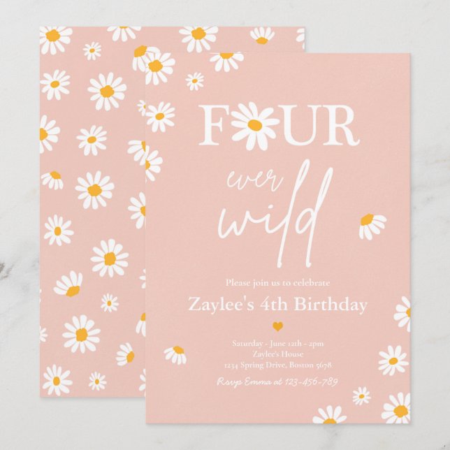Daisy Birthday Party Bohmian Four Ever Wild Invitation (Front/Back)