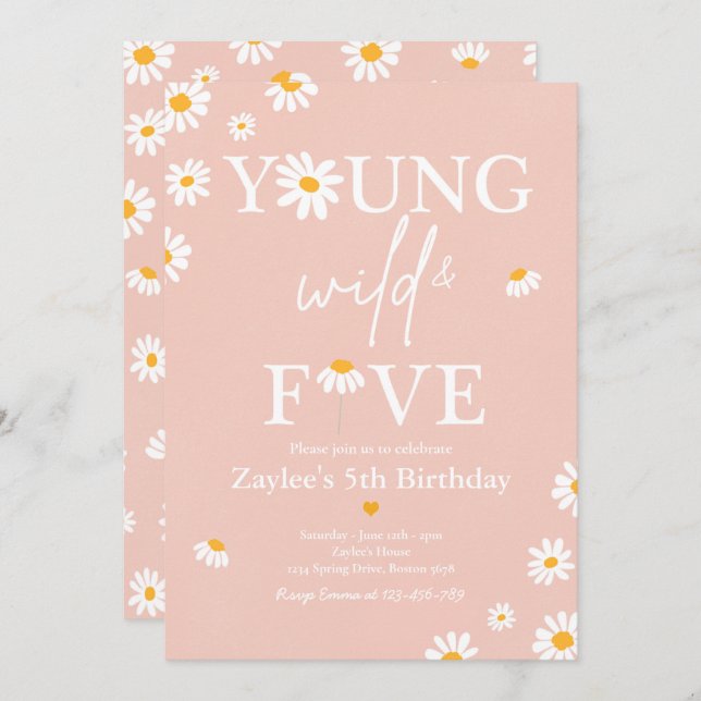 Daisy Birthday Party Bohmian Young Wild And Five Invitation (Front/Back)