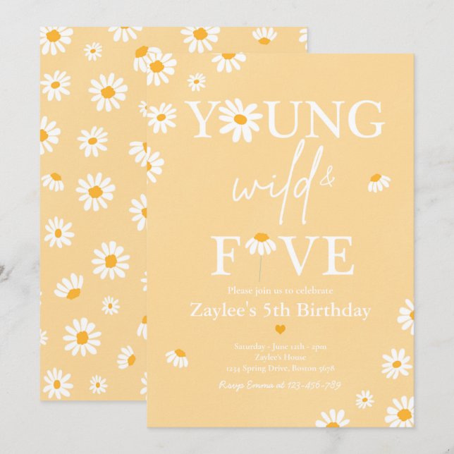 Daisy Birthday Party Bohmian Young Wild And Five Invitation (Front/Back)
