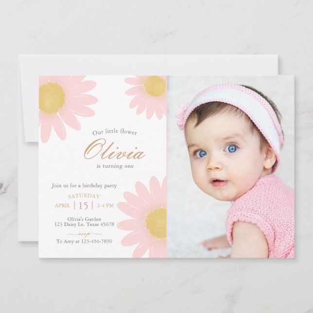 Daisy birthday party boho floral photo invitation (Front)