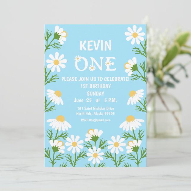 Daisy Birthday Party Boho One 1st Birthday Invitat Invitation (Standing Front)