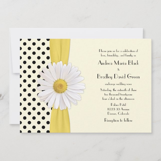Daisy Black and Ivory Polka Dot Wedding Invitation (Front)