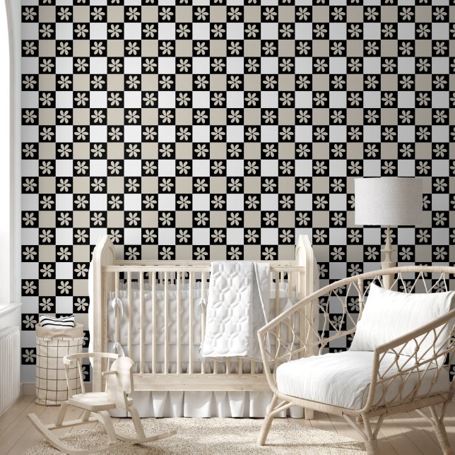 Daisy Black And Neutral Retro Chequerboard  Wallpaper (Kids)