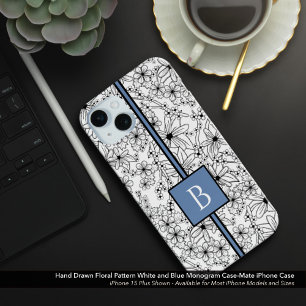 Daisy Black White Floral Pattern Blue Monogram  iPhone 15 Mini Case