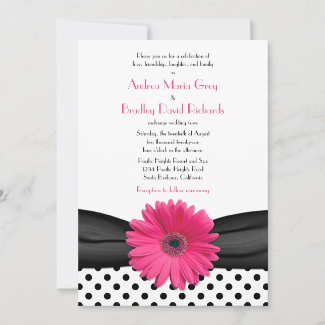 Daisy Black White Polka Dot Wedding Invitation (Front)