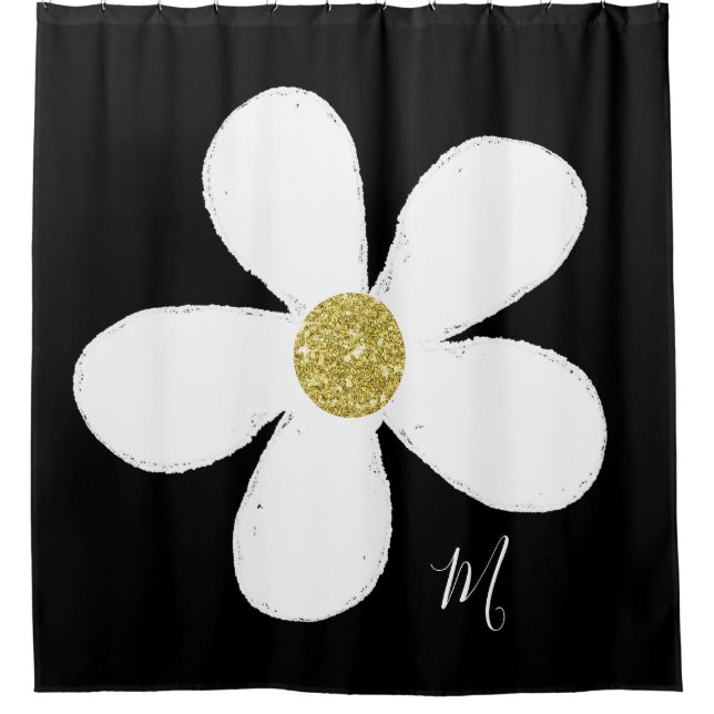 Daisy Black White Simple  Floral Gold Personal Shower Curtain (Front)