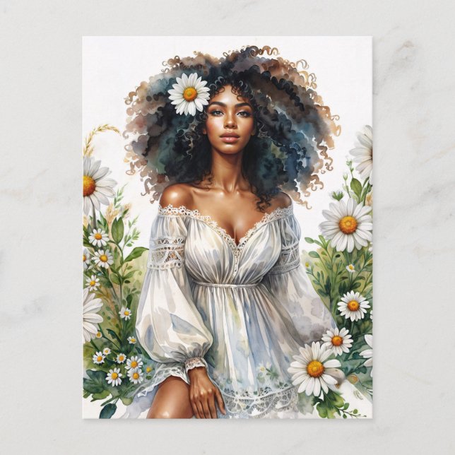 Daisy Black Woman Curly Hair Summer Watercolor Postcard (Front)
