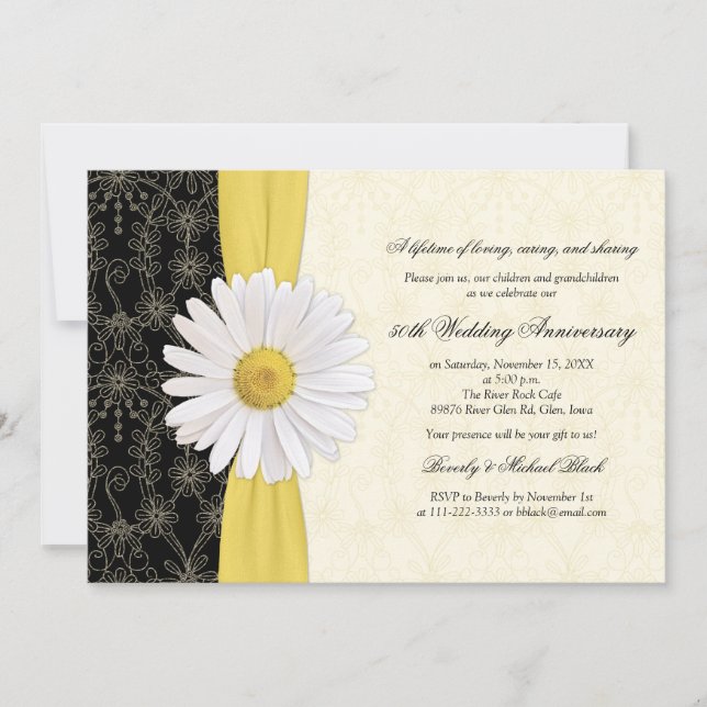 Daisy Black Yellow, Ivory Anniversary Invitation (Front)