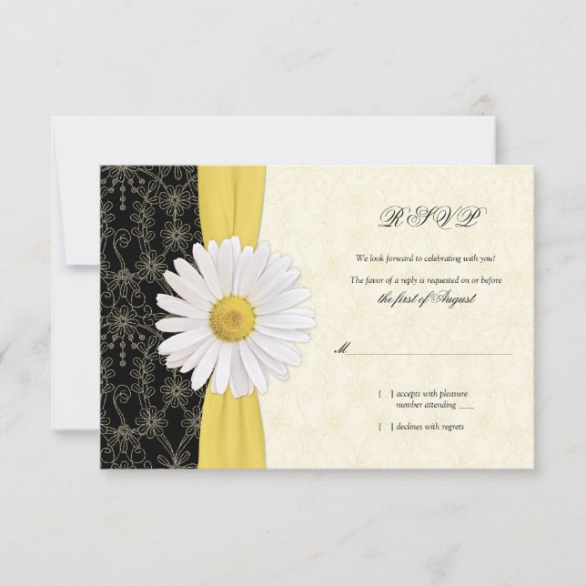 Daisy Black Yellow, Ivory Wedding Reply Card (Front)