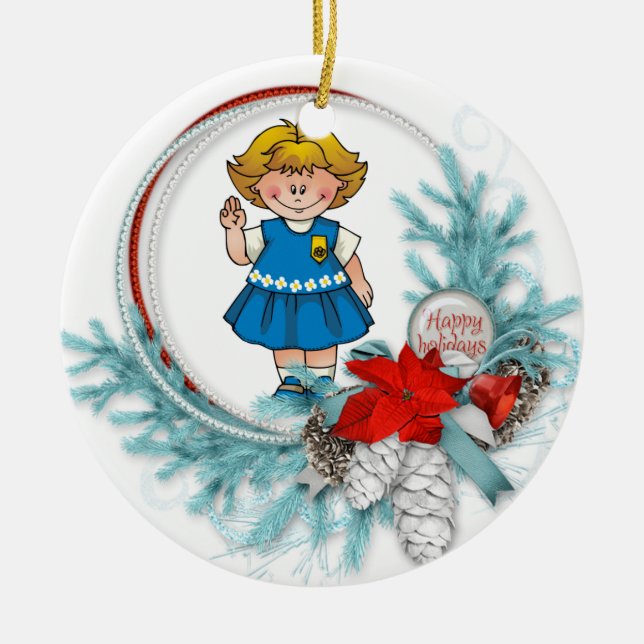 Daisy Blonde Hair Blue Pine Wreath Ceramic Tree Decoration (Front)