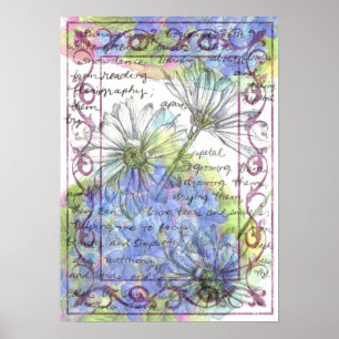 Daisy Blue Hydrangea Watercolor Flowers Poster