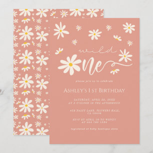Daisy Boho Wild One 1st Birthday Peach Invitation