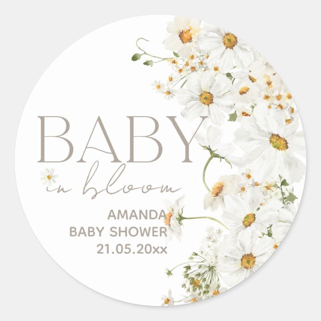 Daisy Boho Wildflower Baby in Bloom Shower Classic Classic Round Sticker (Front)