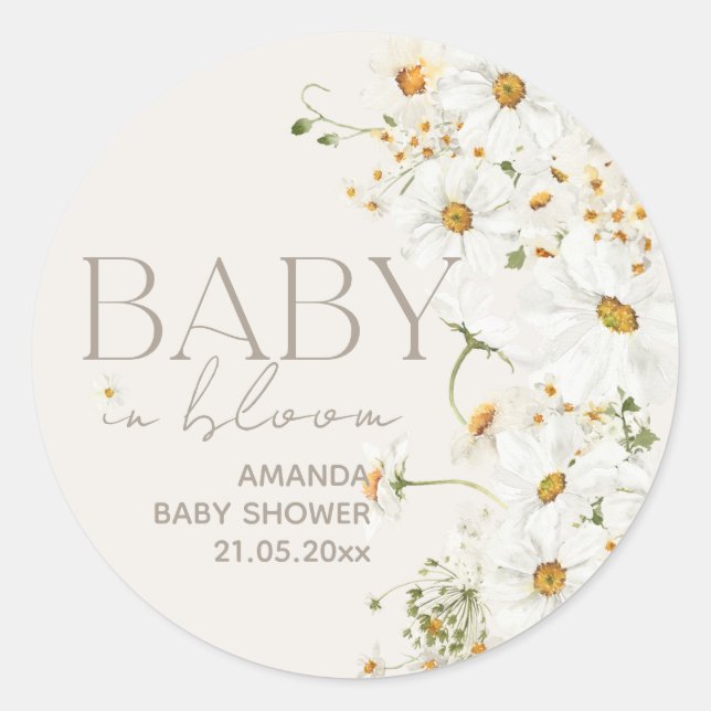 Daisy Boho Wildflower Baby in Bloom Shower Classic Classic Round Sticker (Front)