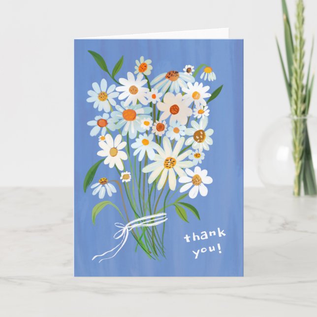 Daisy Bouquet Handpainted Gouache Flowers Blue Thank You Card (Front)