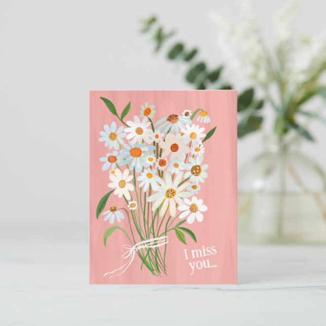 Daisy Bouquet Handpainted Gouache Miss You Sweet Postcard (Standing Front)