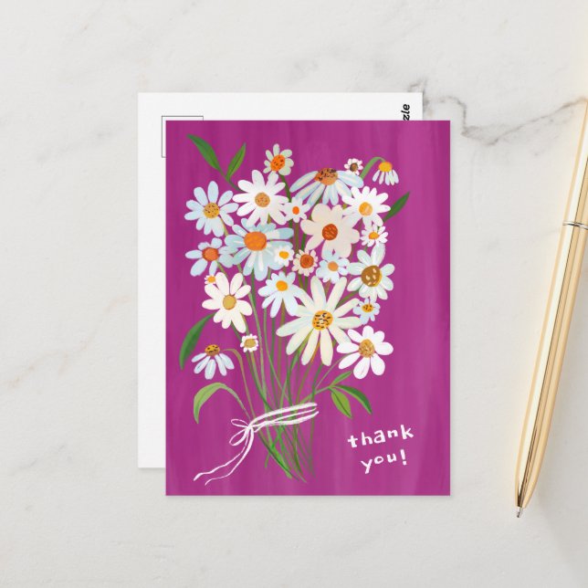 Daisy Bouquet Handpainted Gouache Thank You Postcard (Front/Back In Situ)