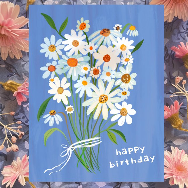 Daisy Bouquet Happy Birthday Handpainted Gouache  Postcard (Daisy Bouquet Happy Birthday Handpainted Gouache Postcard Blue
)