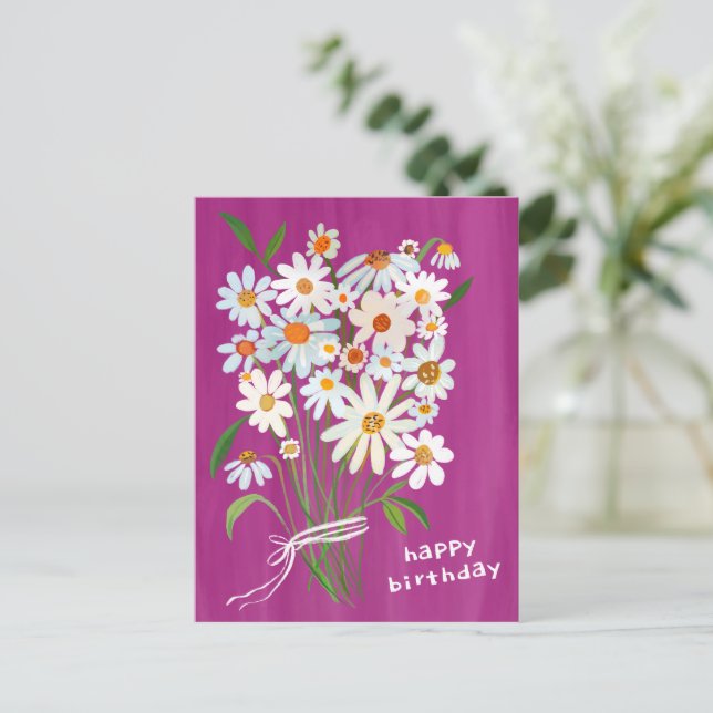 Daisy Bouquet Happy Birthday Handpainted Magenta Postcard (Standing Front)