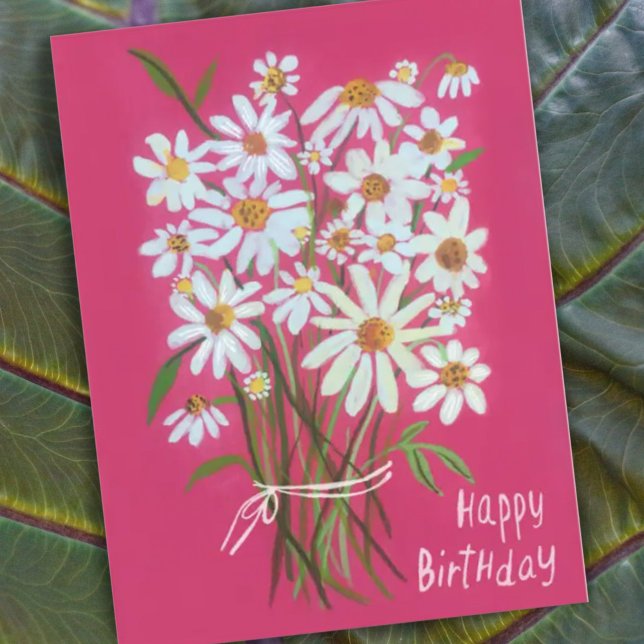 Daisy Bouquet Happy Birthday Pink Handpainted Postcard (Creator Uploaded)