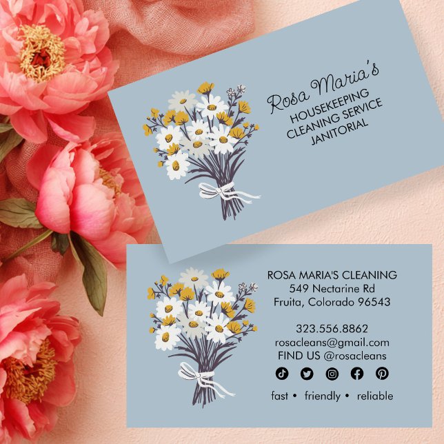 Daisy Bouquet House Cleaning Service Social Icons Business Card (Daisy Bouquet House Cleaning Service Social Icons Business Card
)