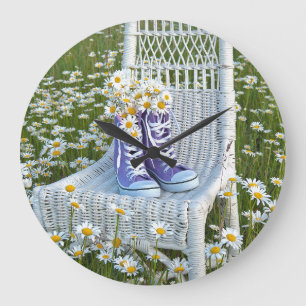 daisy bouquet in purple sneakers large clock