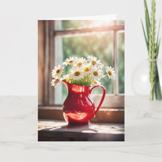 Daisy Bouquet In Red Pitcher Thank You Card (Front)