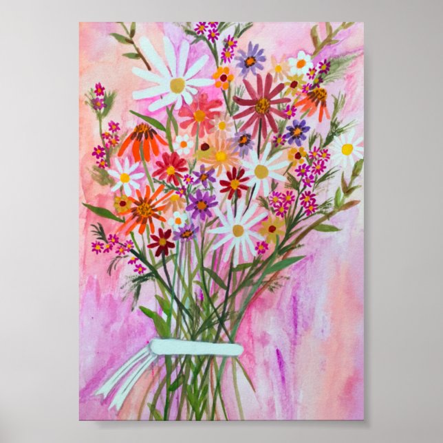 Daisy Bouquet on Pink Painting Art Poster (Front)