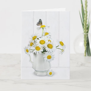 Daisy bouquet with butterfly on whitewashed wood card