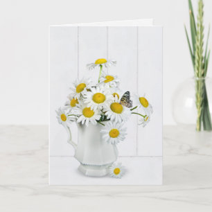 Daisy bouquet with butterfly on whitewashed wood card