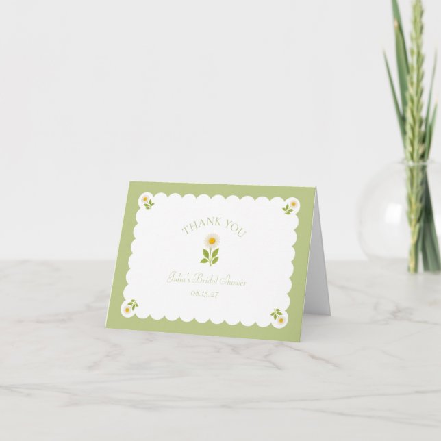 Daisy Bridal Shower Sage Green Preppy Scalloped Thank You Card (Front)