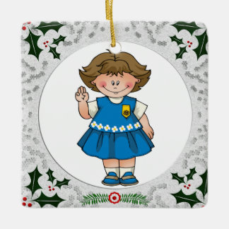 Daisy Brunette Holly Corners Frame Ceramic Ornament