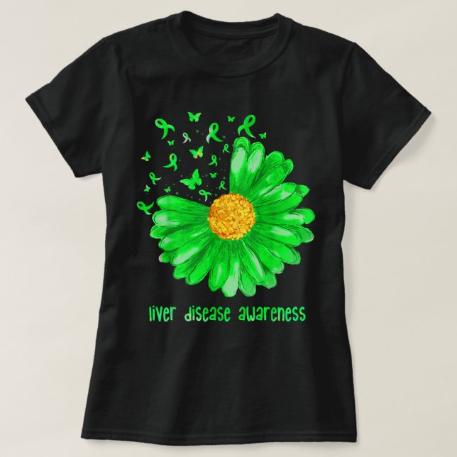Daisy Butterfly Green Ribbon Liver Disease Warrior T-Shirt (Design Front)