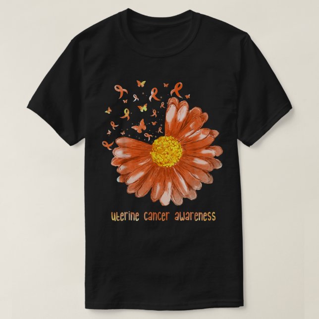 Daisy Butterfly Peach Ribbon Uterine Cancer Awaren T-Shirt (Design Front)