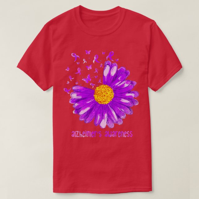 Daisy Butterfly Purple Ribbon Alzheimers Awareness T-Shirt (Design Front)