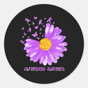 Daisy Butterfly Purple Ribbon Fibromyalgia Awarene Classic Round Sticker