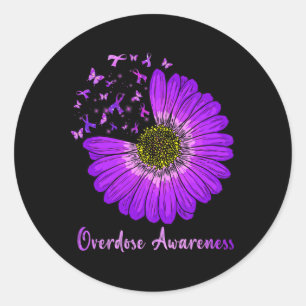 Daisy Butterfly Purple Ribbon Overdose Awareness 2 Classic Round Sticker